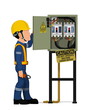 An industrial worker with electrical cabinet on white background