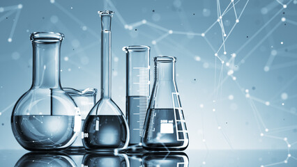 Wall Mural - glass chemistry lab equipment on blue background. chemistry lab concept. 3d