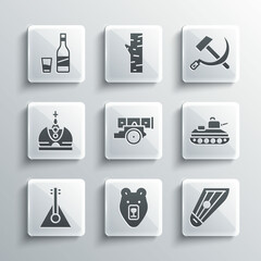 Wall Mural - Set Bear head, Kankles, Military tank, Cannon, Balalaika, King crown, Bottle of vodka with glass and Hammer and sickle USSR icon. Vector