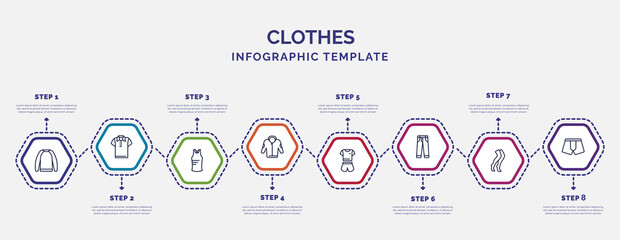 infographic template with icons and 8 options or steps. infographic for clothes concept. included sweatshirt, sleeveless shirt, jogging jacket, pijama, jeans, stockings, boxers icons.