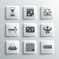 Sticker - Set Calendar fitness, Location gym, Bodybuilder muscle, Fitness club, card, Sport bag, Bench with barbel, Old hourglass and Metal rack weights icon. Vector