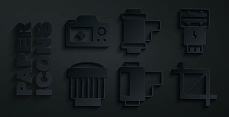 Sticker - Set Camera roll cartridge, Photo camera flash, photo lens, Picture crop, and icon. Vector