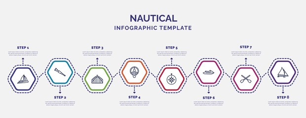 Wall Mural - infographic template with icons and 8 options or steps. infographic for nautical concept. included gunboat, afterdeck, port and starboard, azimuth compass, watercraft, seaworthy, iceboat icons.