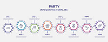 Infographic Template With Icons And 8 Options Or Steps. Infographic For Party Concept. Included Candy Paper, Cake With Three Candles, Cupcake With Big Cherry, Big Speaker, Jenga, Big Heart, Theatre
