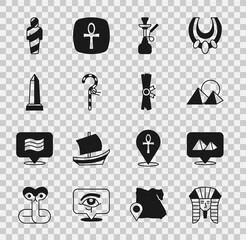 Poster - Set Egyptian pharaoh, pyramids, Hookah, Crook, Obelisk of Alexandria, mummy and Papyrus scroll icon. Vector