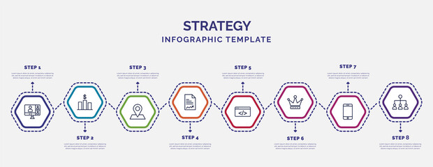 Wall Mural - infographic template with icons and 8 options or steps. infographic for strategy concept. included meeting, positioning, report, coding, king, smartphone, collaboration icons.