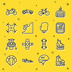 Poster - Set line Roller skate, Skates, First aid kit, Bicycle, Landslide, Drone flying, Motorcycle and Boxing glove icon. Vector