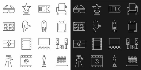 Poster - Set line Cinema auditorium with seats, Home stereo two speakers, Retro tv, ticket, cinema camera, Online play video, 3D glasses and USB flash drive icon. Vector