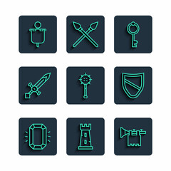 Wall Mural - Set line Diamond, Castle tower, Trumpet with flag, Old key, Medieval chained mace ball, sword, and Shield icon. Vector