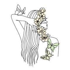 Woman face with butterfly and flowers. Line art female hands with butterflies. One line vector drawing. Portrait minimalistic style. Botanical print. Nature symbol of cosmetics.