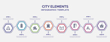 Infographic Template With Icons And 8 Options Or Steps. Infographic For City Elements Concept. Included Church, Motel, Government Buildings, Gate, Tower Crane, Slide, City Hall Icons.