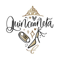 Wall Mural - Quinceañera vector design with gold tiara, elegant high heel shoe and sneaker. Modern calligraphy greeting card or banner in Spanish language for 15th Birthday celebration.