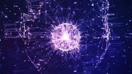 Fototapete - big data technology concept. The interconnected polygons form a prominent sphere in the center. binary code icon on pink and dark blue background data processing analytics.