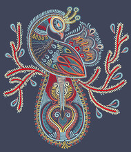 Ethnic Folk Art Of Peacock Bird With Flowering Branch Design, Raster Version Dot Painting Illustration