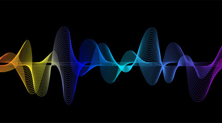 Aufkleber - Abstract glowing wave lines, dynamic flowing colorful light isolated on black background. Vector illustration design of music, party, technology, modern concept. 