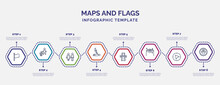 Infographic Template With Icons And 8 Options Or Steps. Infographic For Maps And Flags Concept. Included Plain Flag, Toilets, Electrocution Risk, Flyover Bridge, Las Vegas, Navigate, Mine Site