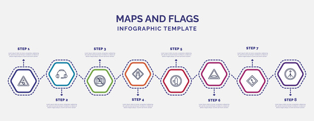 infographic template with icons and 8 options or steps. infographic for maps and flags concept. included land slide, no luggage, narrow two lanes, left side road, speed breaker, left intersection,