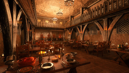 Poster - Dark moody medieval dining hall with tables laid for a great feast. 3D rendering.