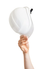 Wall Mural - white hard hat in a male hand on a white isolated background