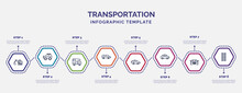 Infographic Template With Icons And 8 Options Or Steps. Infographic For Transportation Concept. Included Excavators, Camper Car, People Carrier, Sedan, Automobile, Car Frontal View, Railway Line