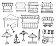 A set of awnings, outdoor umbrellas and small outdoor mobile kiosks, a wooden counter, hand-drawn in sketch style, isolated black outline on white for a design template