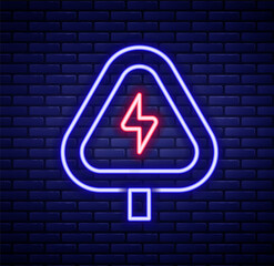 Glowing neon line High voltage sign icon isolated on brick wall background. Danger symbol. Arrow in triangle. Warning icon. Colorful outline concept. Vector