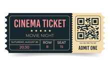 Cinema Ticket Template. Movie Night Admission Coupon Design. Cinema Coupon With Qr Code For Festivals, Event, Theater, Concert, Play. Vector Illustration Isolated On White Background