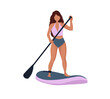 Girl in swimming suit rest on paddle boarder. Sup surfer, paddle boarding concept.