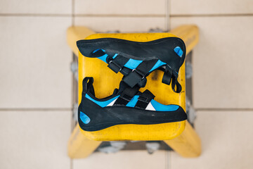 Close up detail product photo of climbing shoes. Shoes for rock climbing and sport climbing, big wall and mountaineering. 