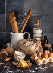 food photography of ingredients, egg, flour, milk, butter