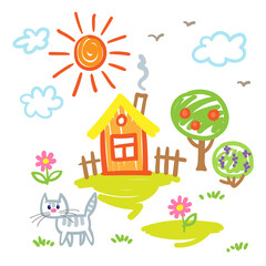 Poster - Children's drawing. House, trees, cat, sun, flowers and clouds. In cartoon style. Isolated on white background. Vector illustration