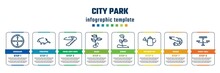 City Park Concept Infographic Design Template. Included Crosshair, Porcupine, Swiss Army Knife, Beans, Sprout, Watering Can, Prawn, Picnic Table Icons And 8 Steps Or Options.