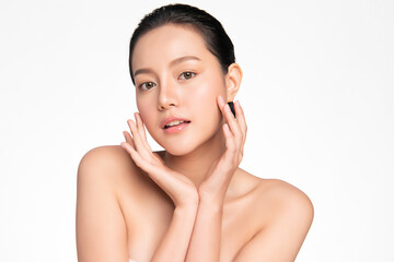 beautiful young asian woman with clean fresh skin on white background, face care, facial treatment, 
