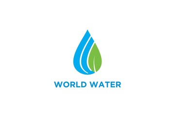 World water logo design blue water and green leaf element, drip water shape modern simple minimalist