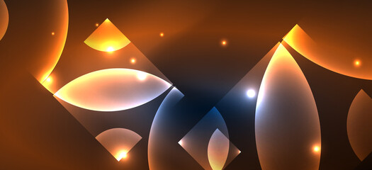 Abstract background with neon glowing light effects. Round shapes, triangles and circles. Wallpaper for concept of AI technology, blockchain, communication, 5G, science, business and technology