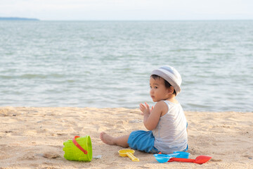 Cute Asian baby boy playing with beach toys on tropical beach and sea