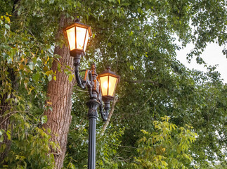 Two vintage beautiful street lighting lanterns on a wrought iron retro pole against a background of green trees are in the park in spring, outdoors, in the evening