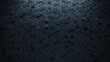 © RocknRoller Studios - Hexagonal, Black Wall background with tiles. Futuristic, tile Wallpaper with 3D, Polished blocks. 3D Render