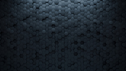 Hexagonal, Black Wall background with tiles. Futuristic, tile Wallpaper with 3D, Polished blocks. 3D Render