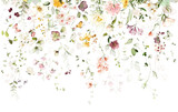 Fototapeta  - watercolor arrangements with garden flowers. bouquets with pink, yellow wildflowers, leaves, branches. Botanic illustration isolated on white background.