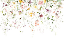 Watercolor Arrangements With Garden Flowers. Bouquets With Pink, Yellow Wildflowers, Leaves, Branches. Botanic Illustration Isolated On White Background.