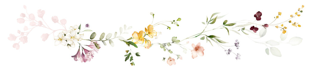 watercolor arrangements with garden flowers. bouquets with pink, yellow wildflowers, leaves, branches. Botanic illustration isolated on white background.