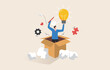© yellow_man - Discovering new creative ideas. Think outside the box. Solving work problems through innovation. Businessman holding a light bulb idea out of a box.