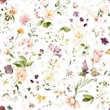 Fototapeta  - seamless floral watercolor pattern with garden flowers roses, wildflowers, leaves, branches. Botanical tile, background.