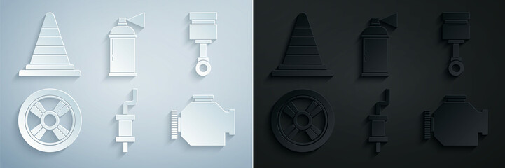 Sticker - Set Car muffler, Engine piston, wheel, Check engine, Paint spray can and Traffic cone icon. Vector