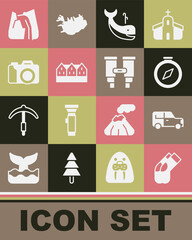 Poster - Set Socks, Car, Compass, Whale, Norwegian wooden house, Photo camera, Waterfall and Binoculars icon. Vector