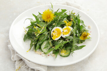 Canvas Print - Fresh dandelion salad on light background.