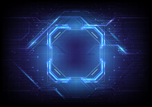 Abstract Hardware And Software Background. Circuit Board, Frame, Chip Processor, Mainboard And Code Programmer. Computer HUD Tech. Pixels Screen And Database Coding. Blue Neon Lighting Effect