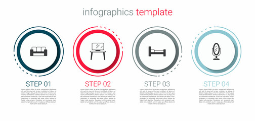 Sticker - Set Sofa, TV table stand, Bed and Mirror. Business infographic template. Vector