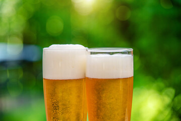 Two glasses of light beer on a green natural background
